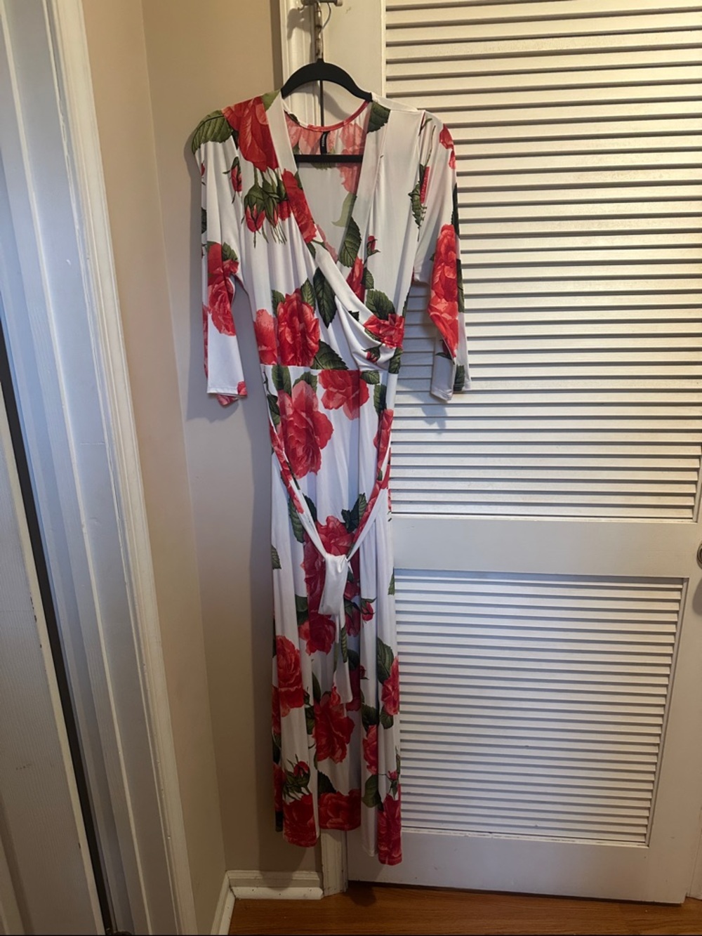 White Maxi Wrap Dress with Red Floral Print
